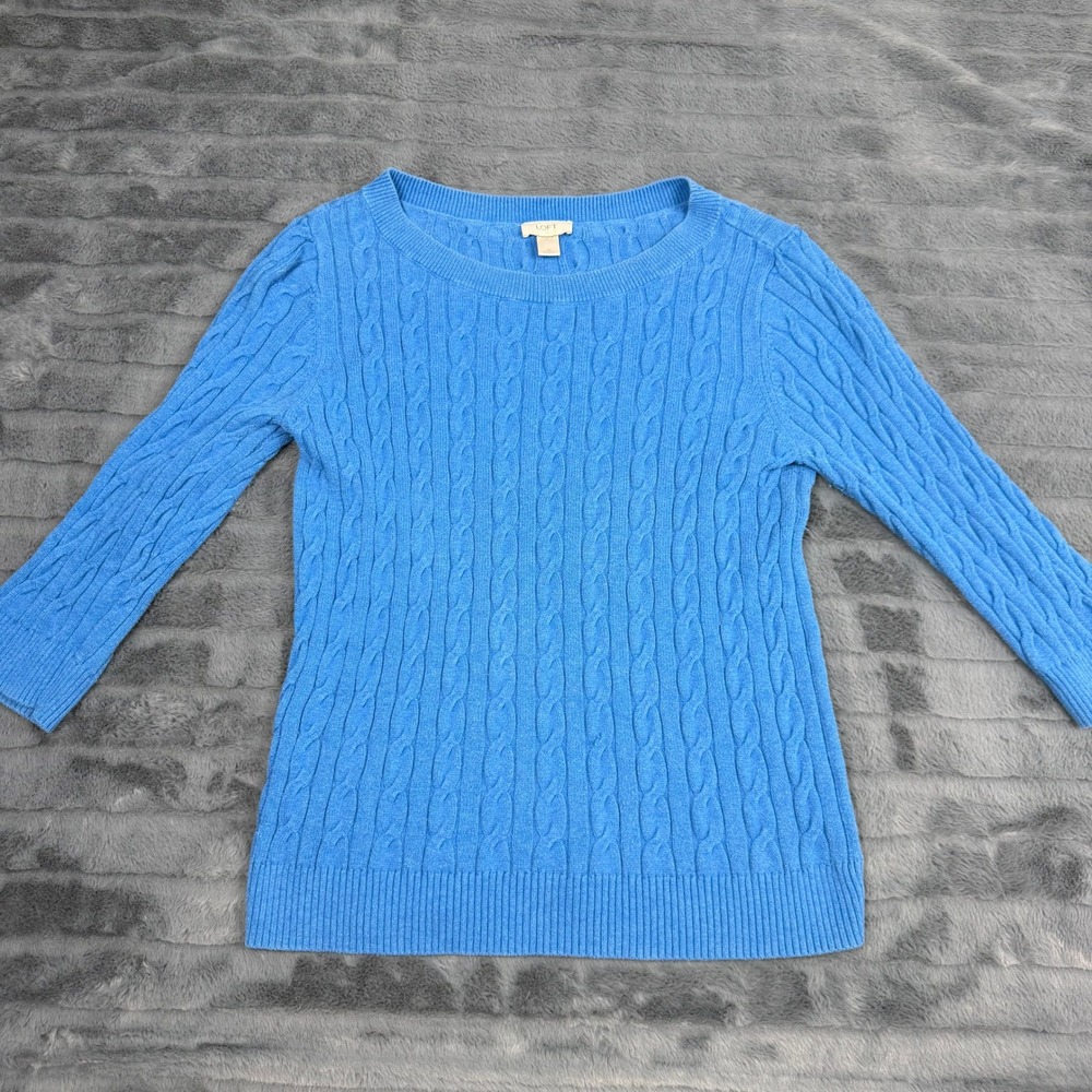 LOFT Blue Cable Knit Cotton Sweater XL 3/4 Sleeve Pullover 12360